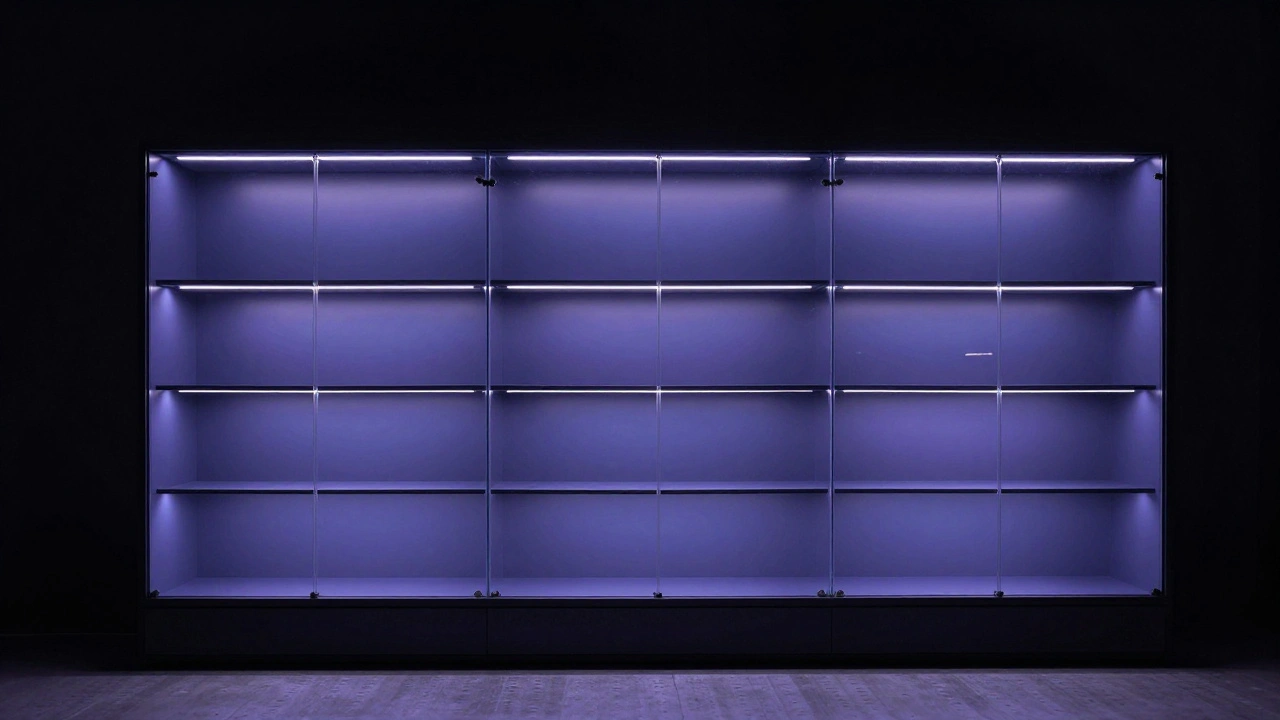 Витрина с миниатюрами под LED-освещением и защитной УФ-пленкой на стекле