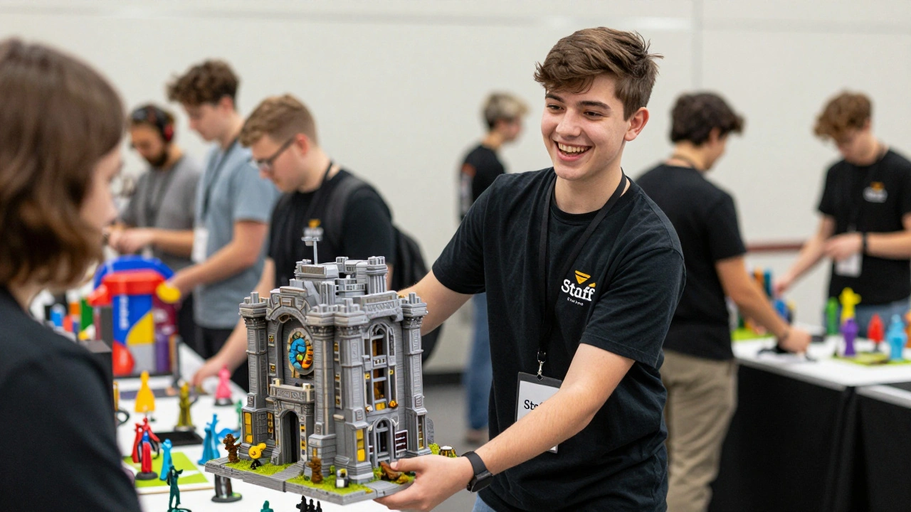 Волонтер в футболке персонала помогает переносить террейн на турнире