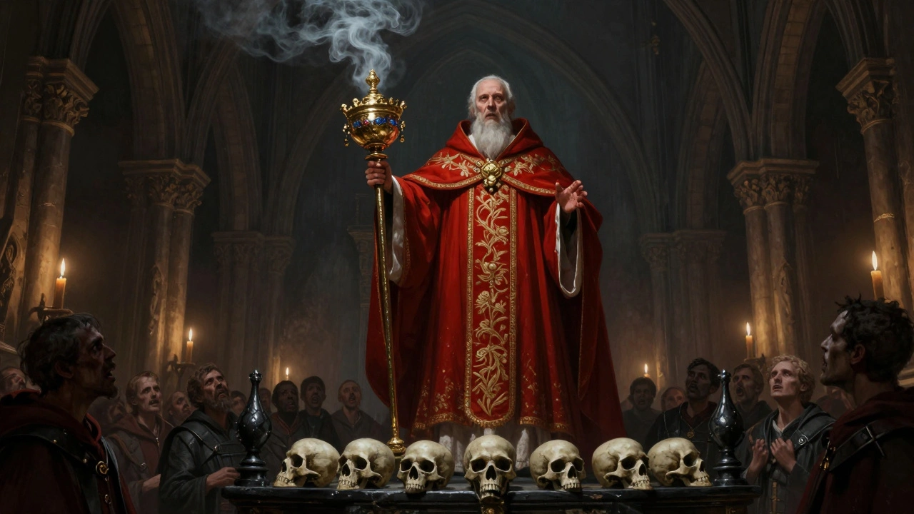 Высокопоставленный священник Экклезиархии в красных одеждах проповедует с готического пульпита.