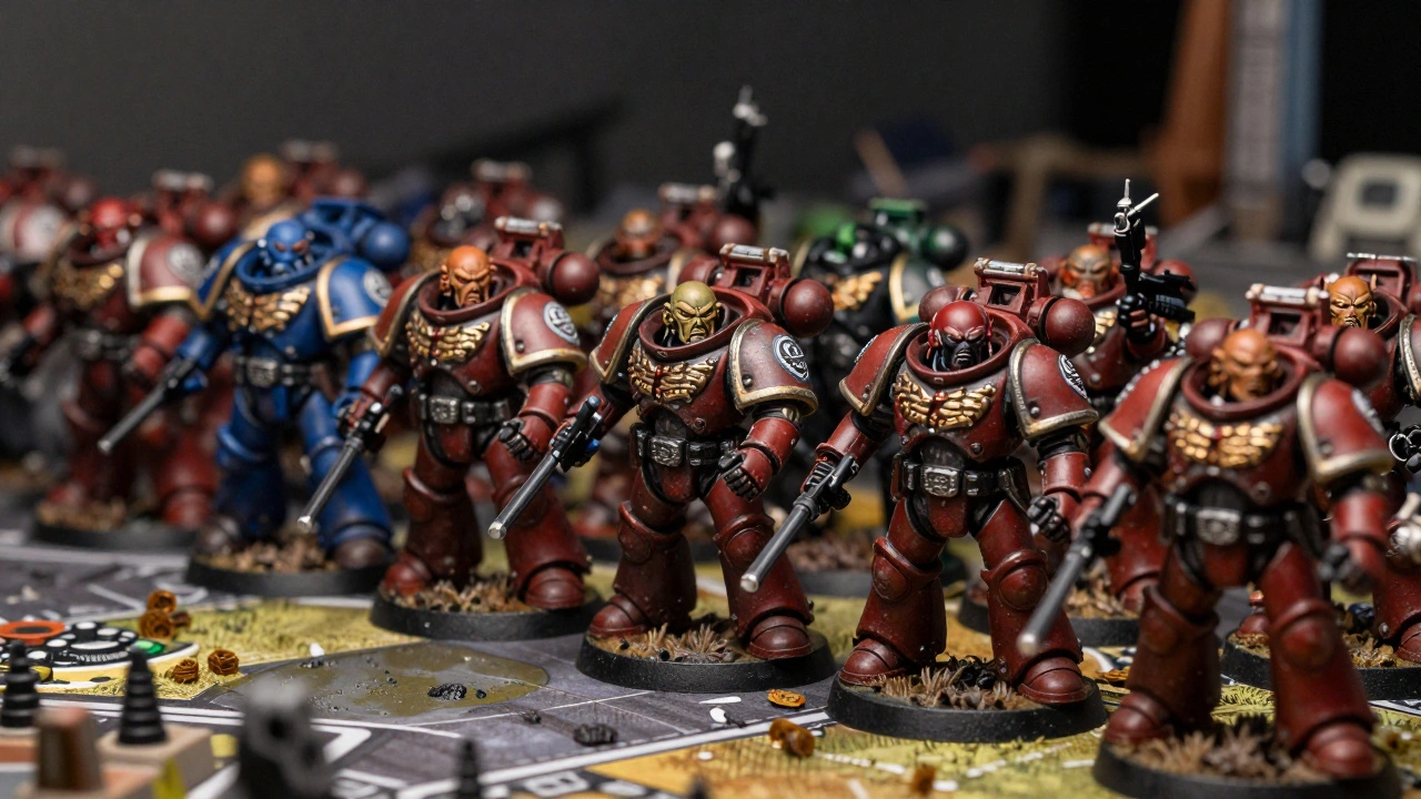 Боеготовые миниатюры Warhammer 40K на игровом поле перед боем