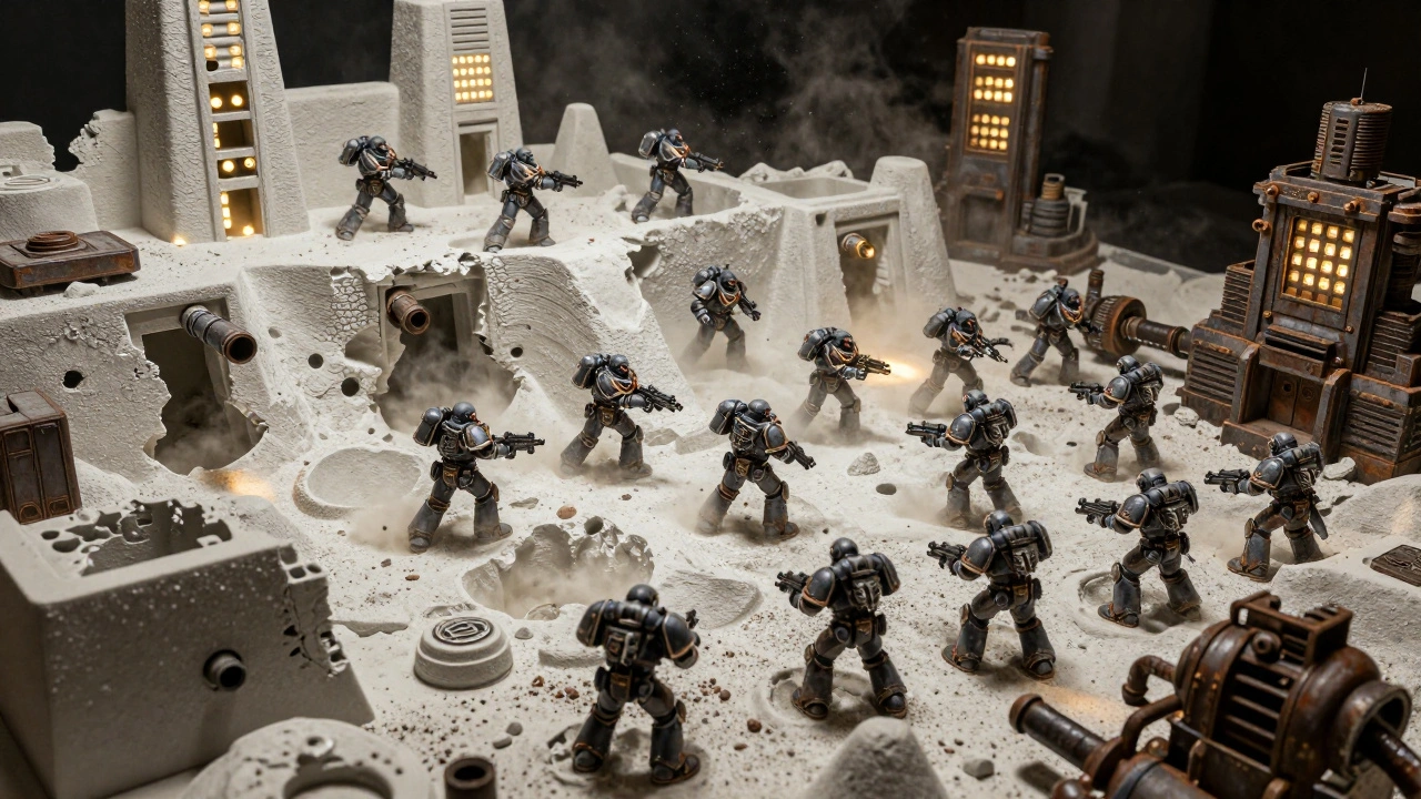 Динамичная сцена боя в диораме Warhammer 40K со встроенной подсветкой и разрушениями