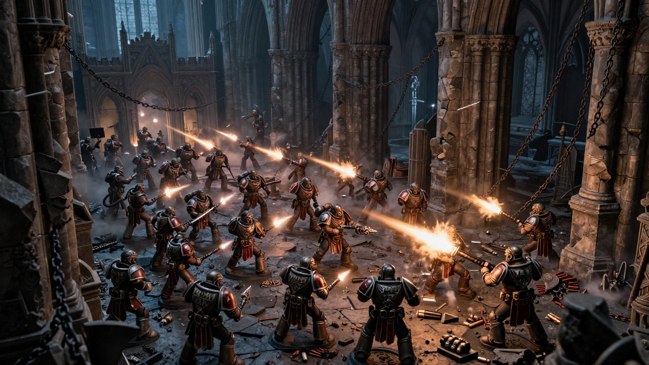 Эпическая битва в разрушенном соборе в стиле Warhammer 40k