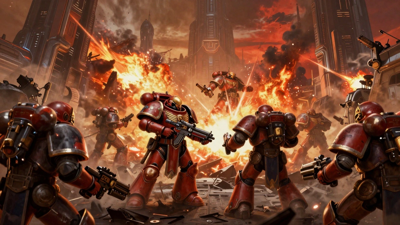 Эпичная битва космодесантников на фоне горящего города в стиле Warhammer