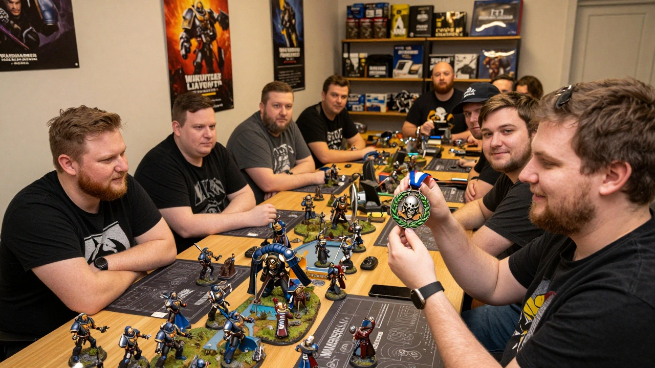 Игрок держит медаль победителя на турнире по Warhammer 40K