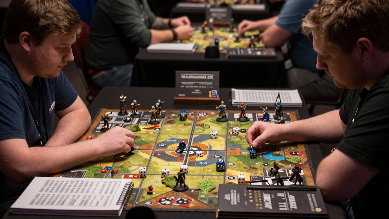 Игроки сосредоточенно играют партию Warhammer 40k во время турнира