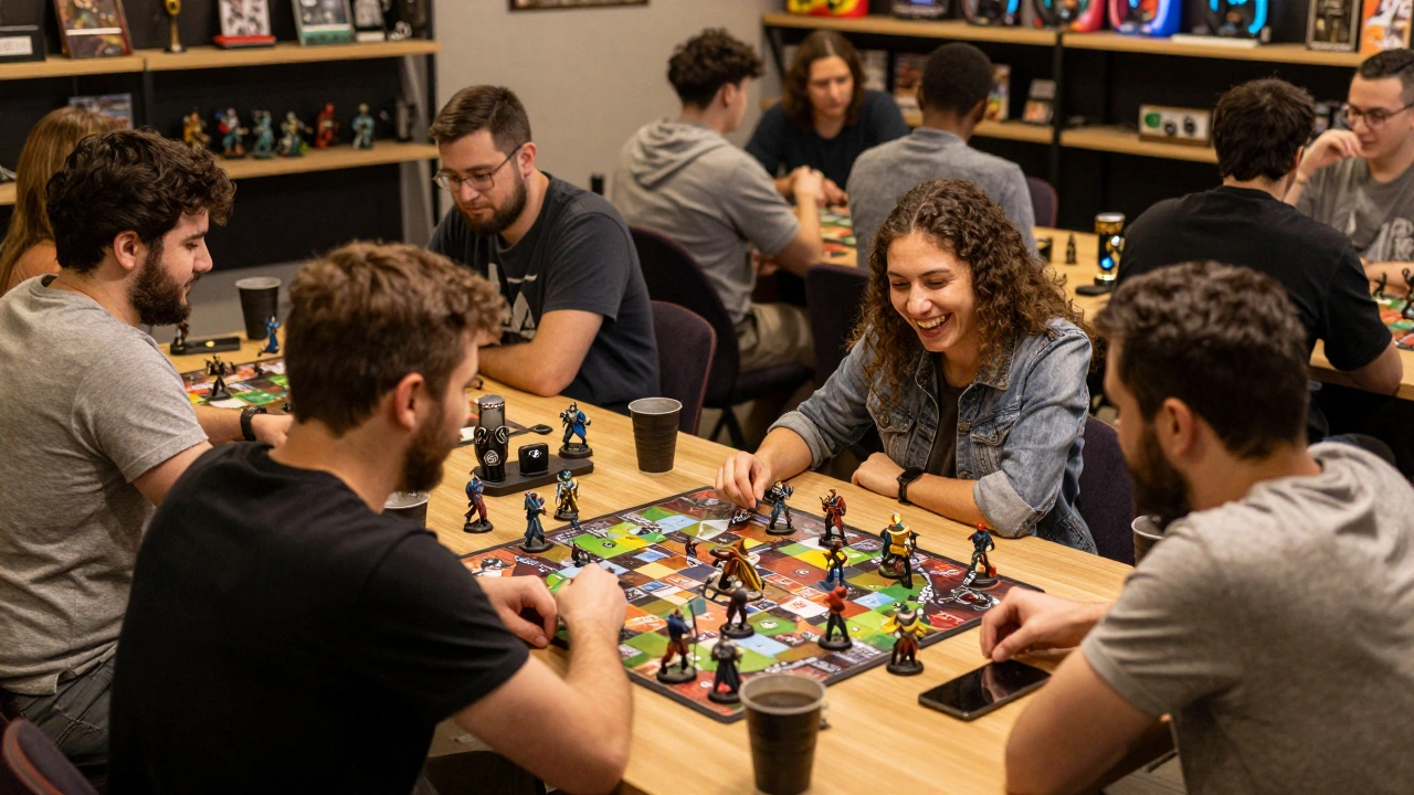 Игроки весело играют в Warhammer 40K за игровым столом