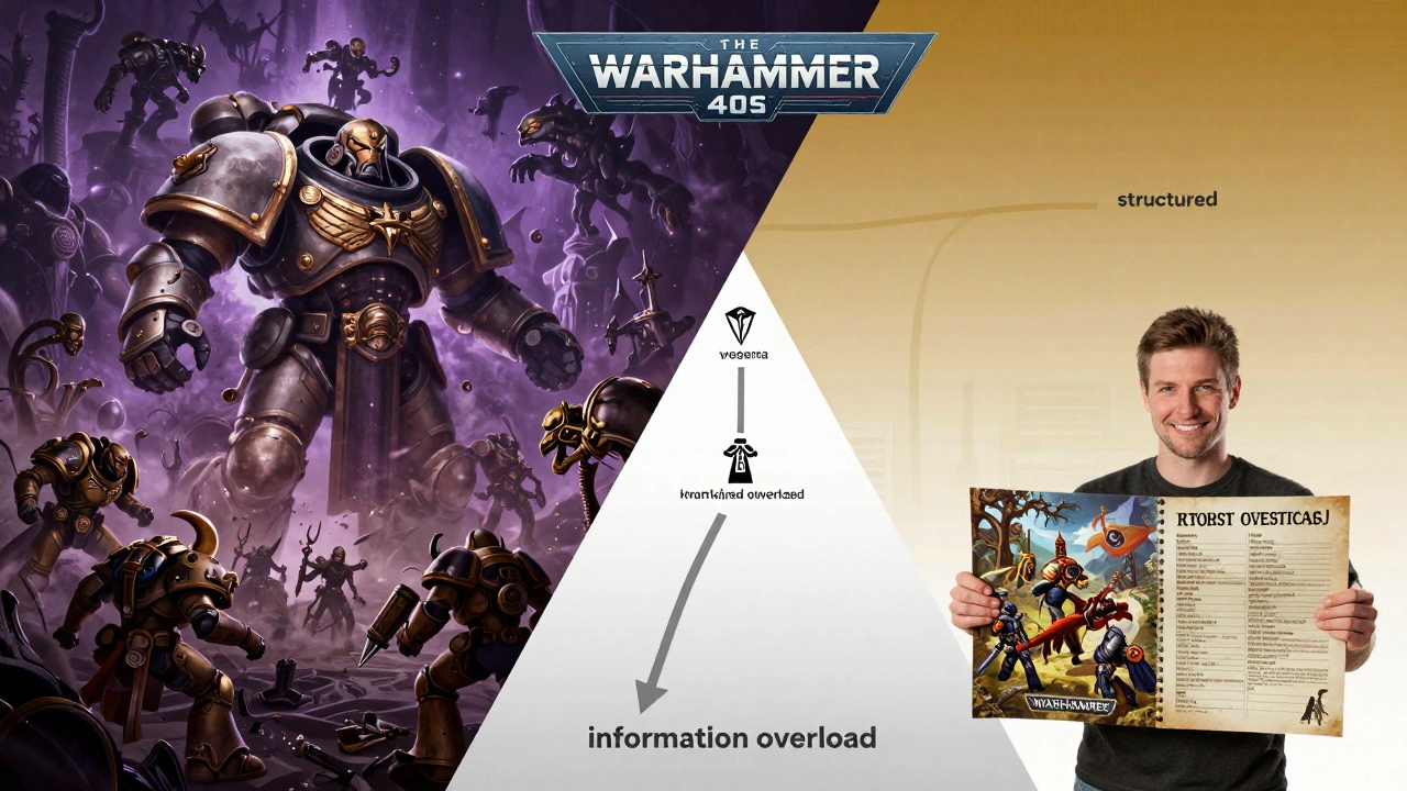 Иллюстрация, показывающая переход от сложного лора Warhammer к структурированному обучению и уверенности игрока.