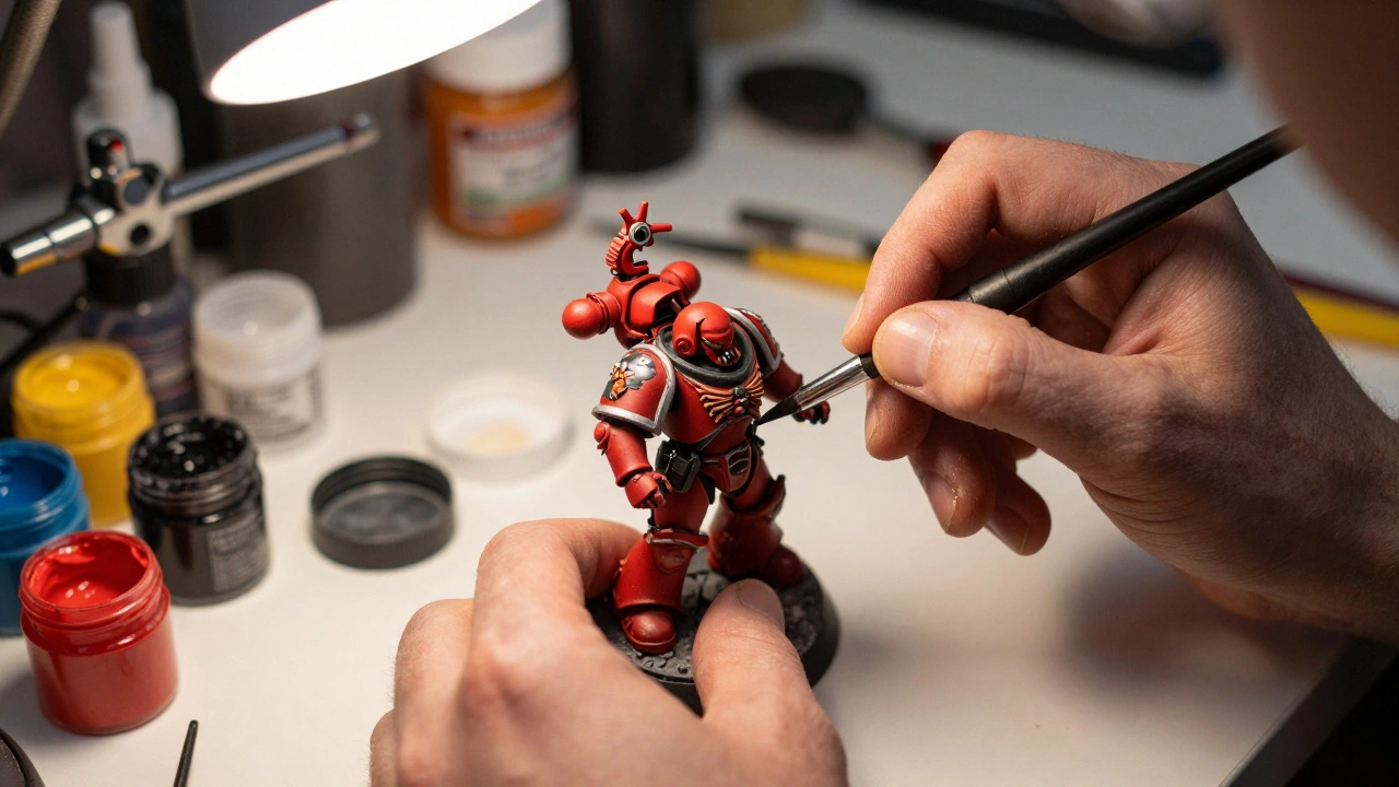Крупный план процесса покраски миниатюры Warhammer 40K кистью
