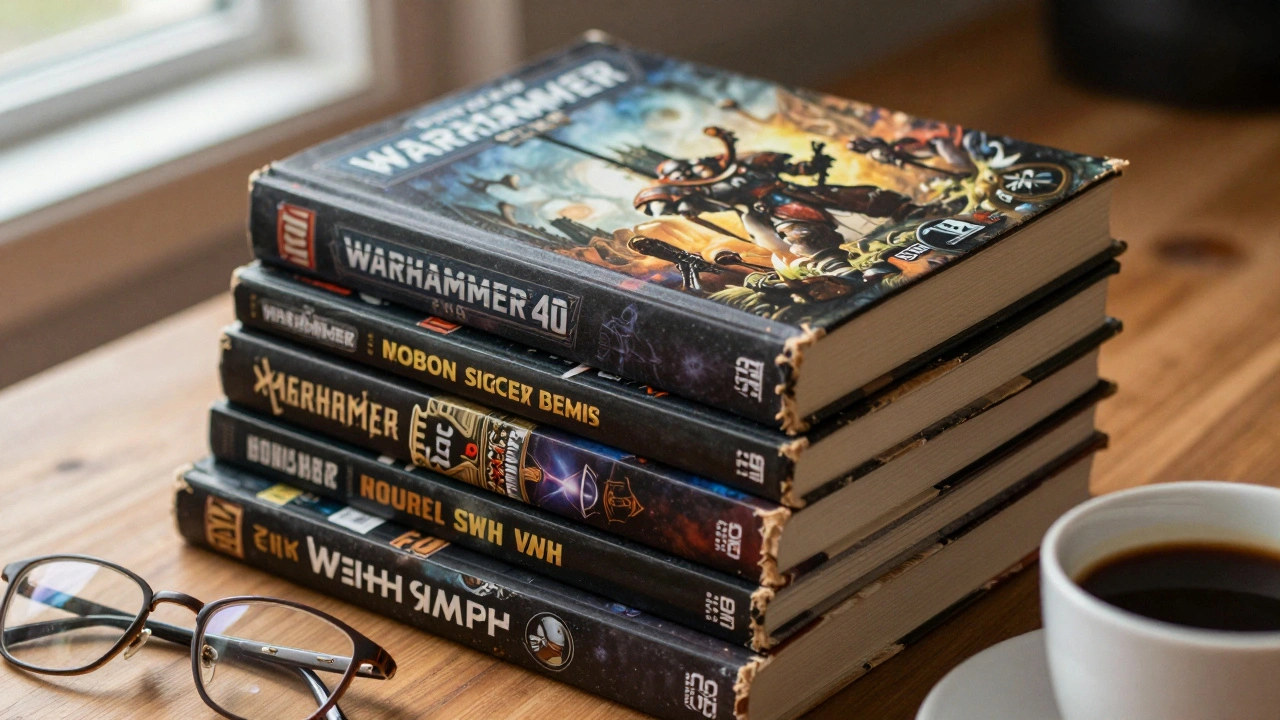 Куча романов Warhammer 40k на столе с очками для чтения