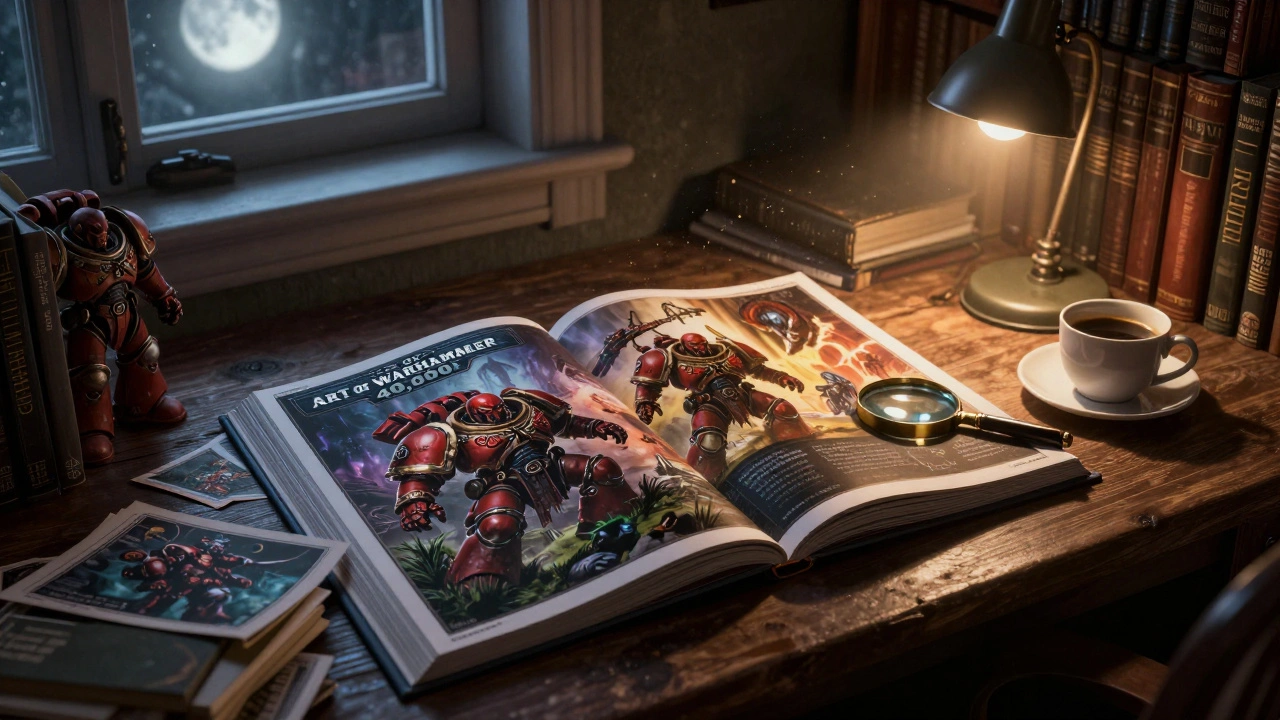 Открытый артбук Warhammer 40k с иллюстрациями на столе при лунном свете