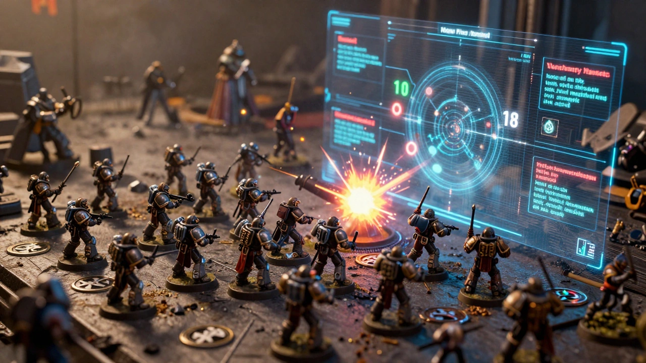 Поле боя Warhammer 40k с физическими миниатюрами и цифровыми оверлеями