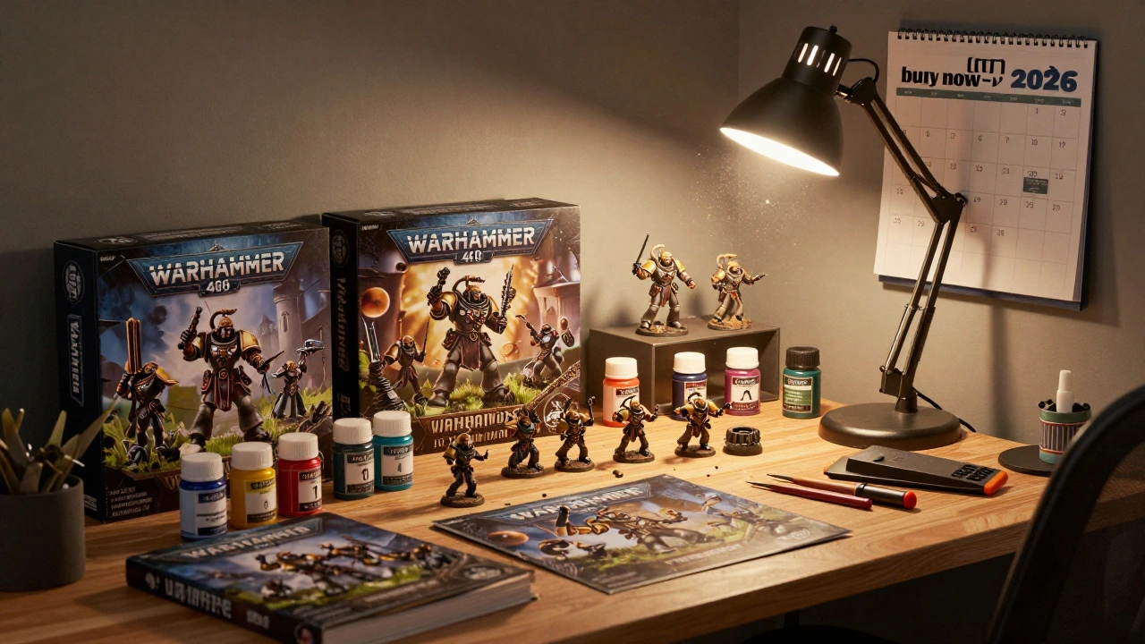 Рабочий стол хобби-мастера с наборами Warhammer и календарем 2026 года