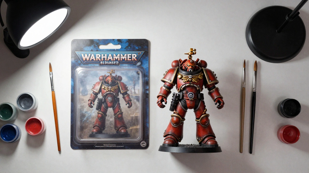 Раскрашенная фигурка Warhammer рядом с упаковкой