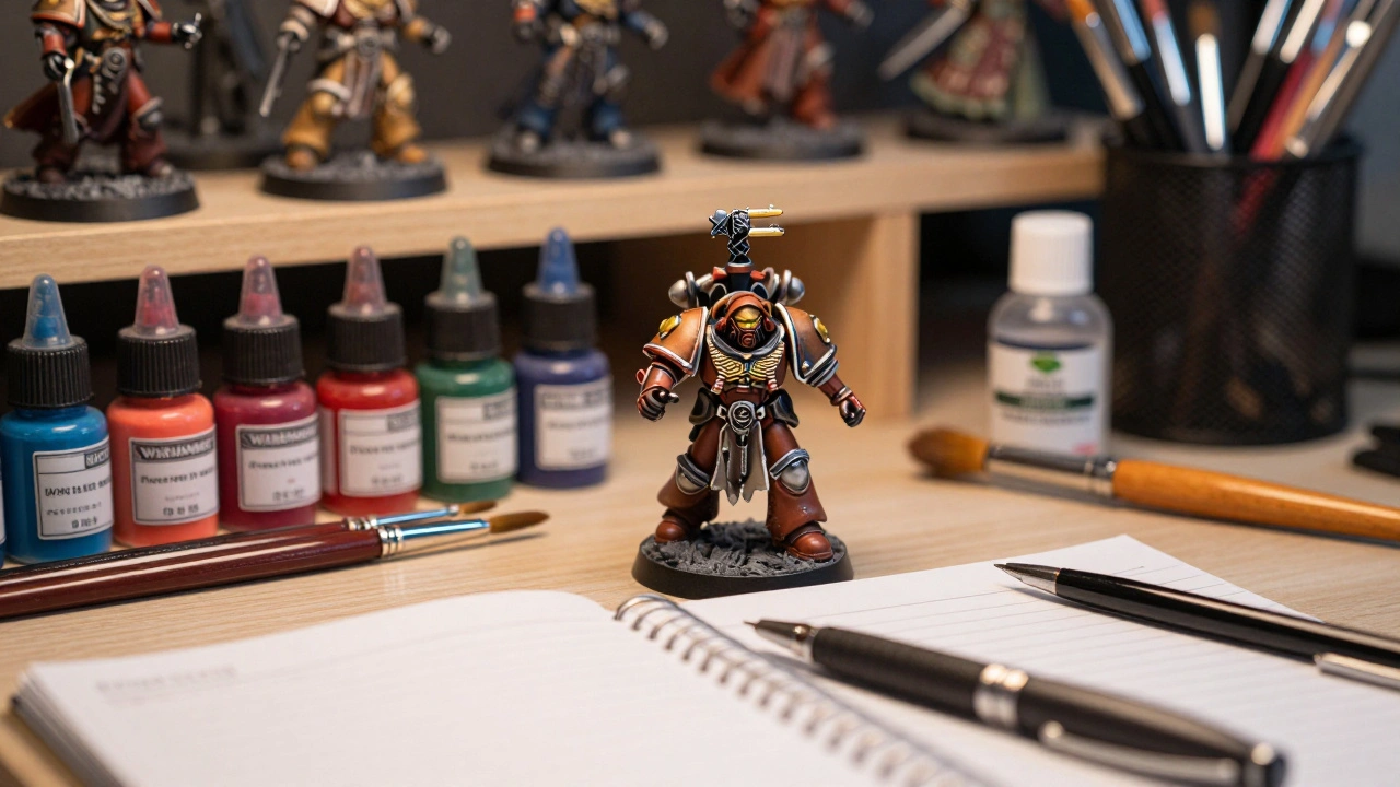 Раскрашенная миниатюра Warhammer и журнал учета расходов на рабочем столе
