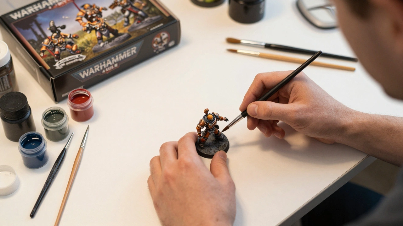 Руки игрока красят и собирают детали миниатюр Warhammer 40K на рабочем столе с инструментами.