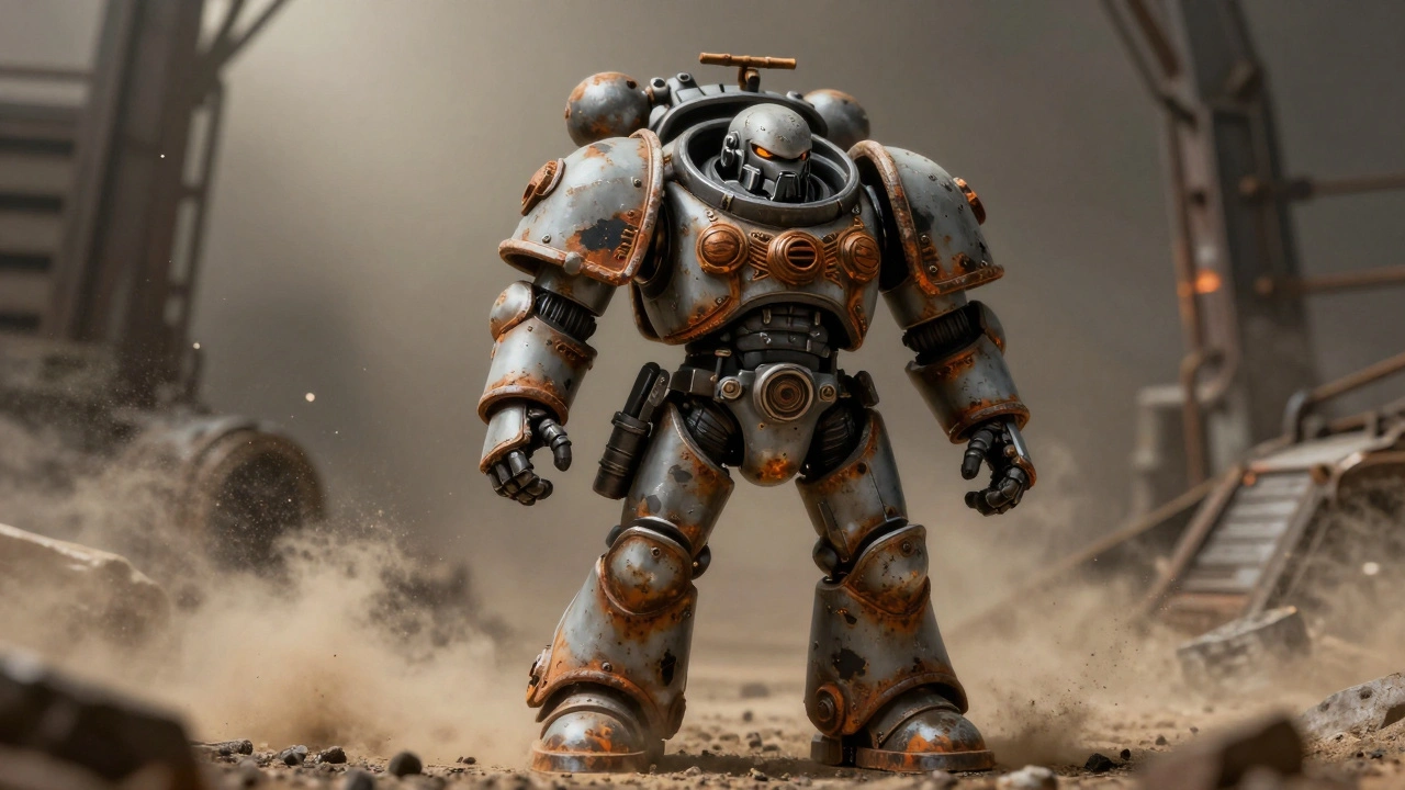 Ржавый дредноут Warhammer 40K с эффектами выгорания и потертостей в пыльном окружении