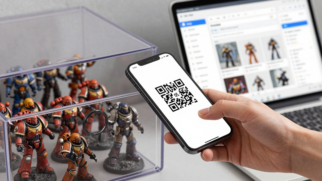 Сканирование QR-кода на ящике с моделями через смартфон