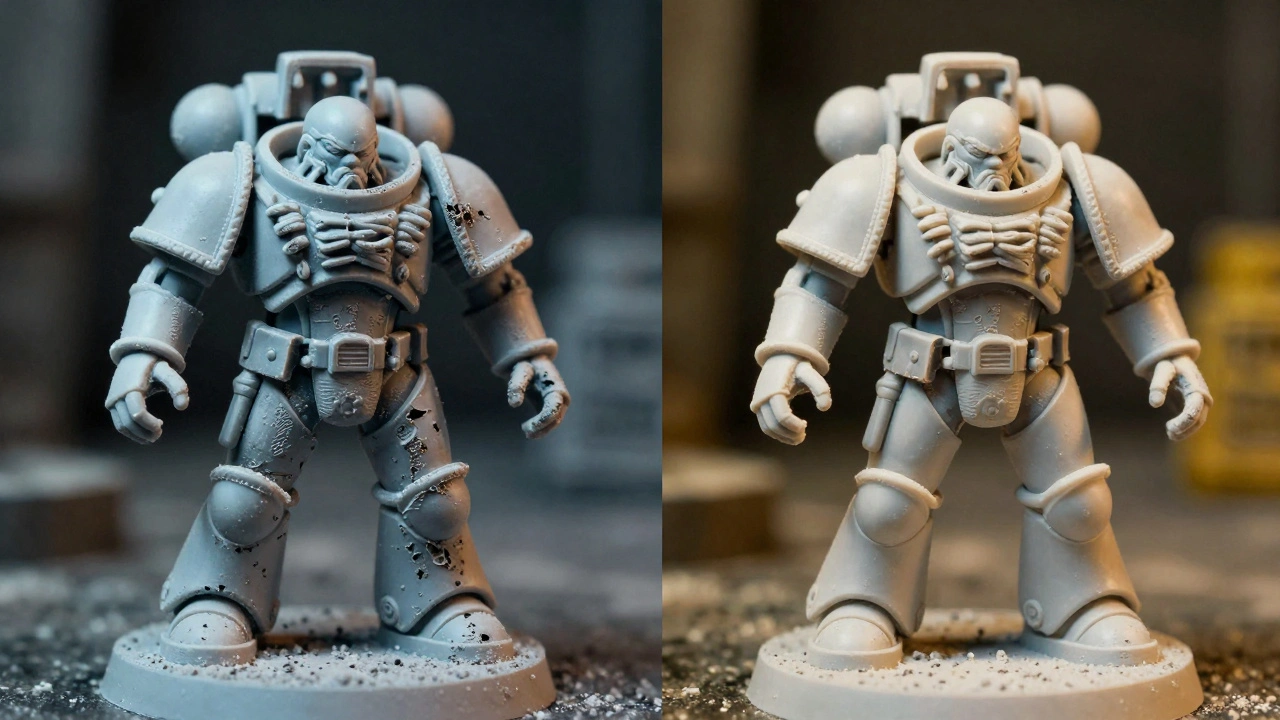 Сравнение дефектной и отремонтированной миниатюры Warhammer 40k