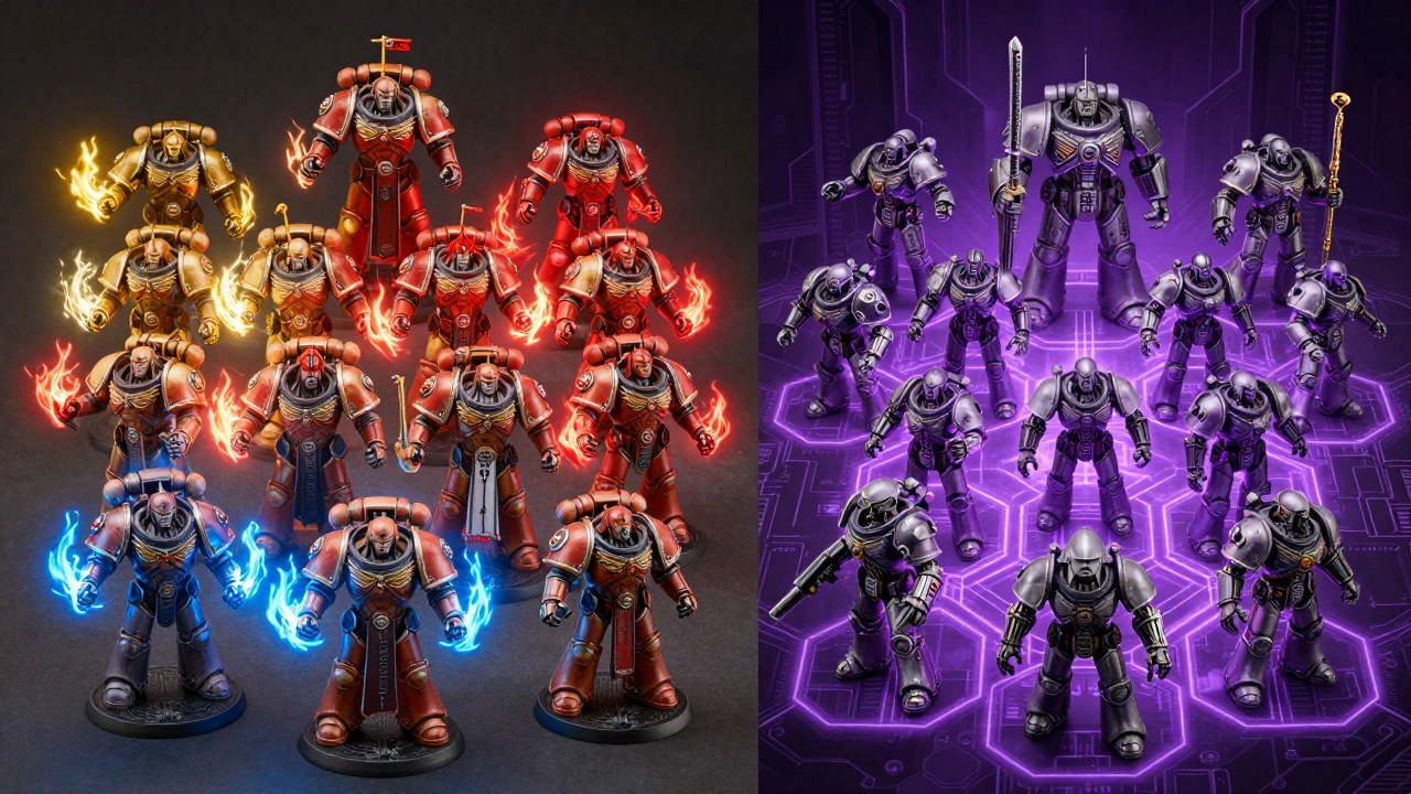 Сравнение стилей баффов: разнообразные эффекты Space Marines против единой сети Adeptus Mechanicus