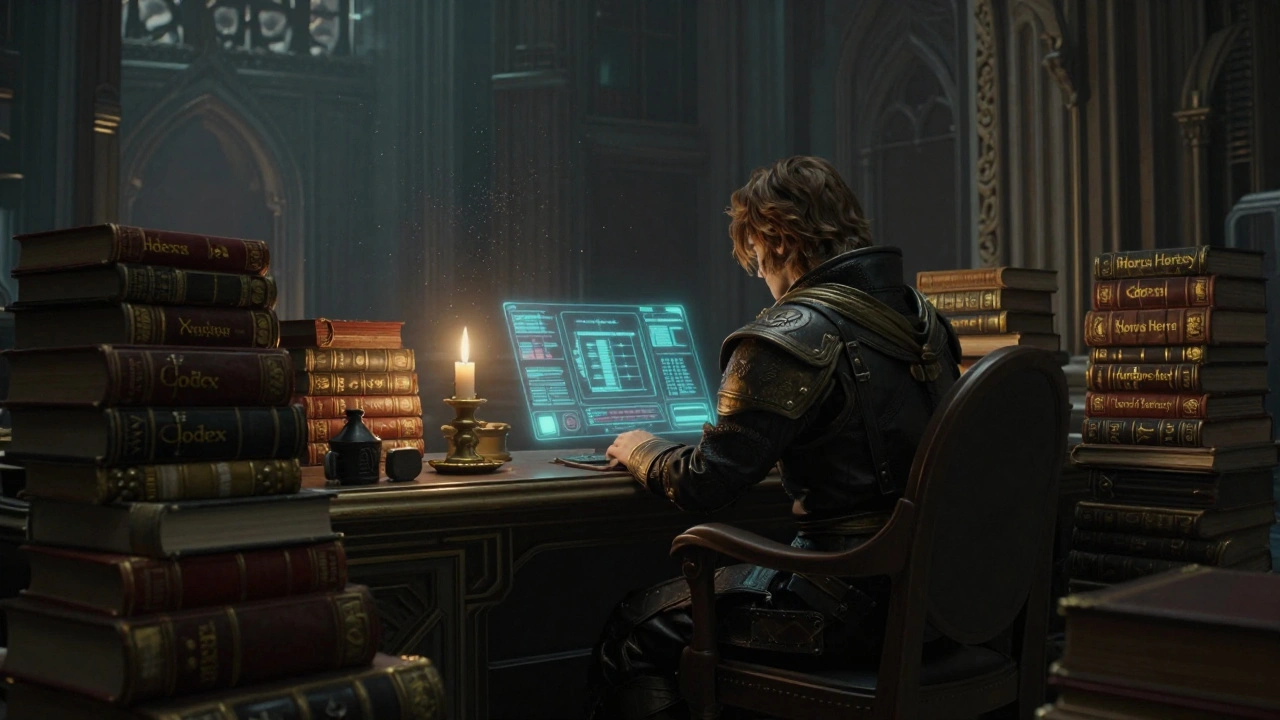 Уединенное чтение книг по лору Warhammer 40K в готической библиотеке