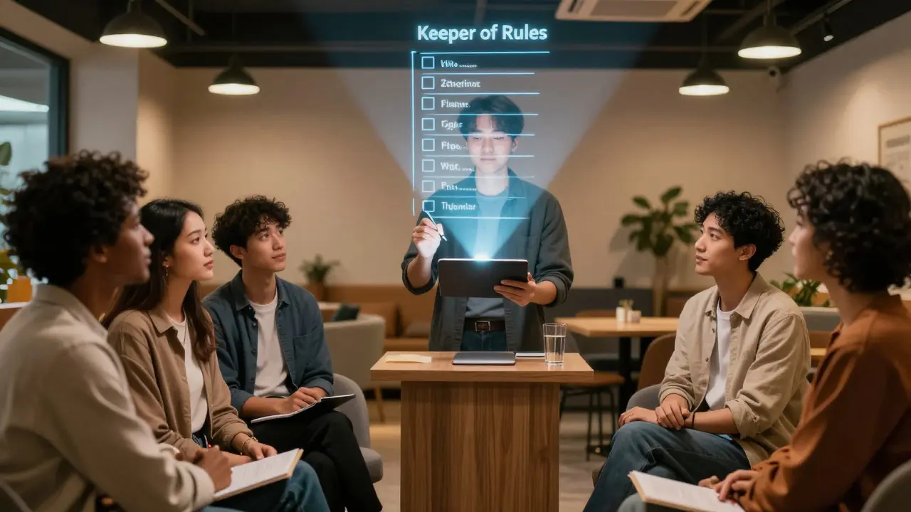 A club leader presenting updated rules to a group of attentive members