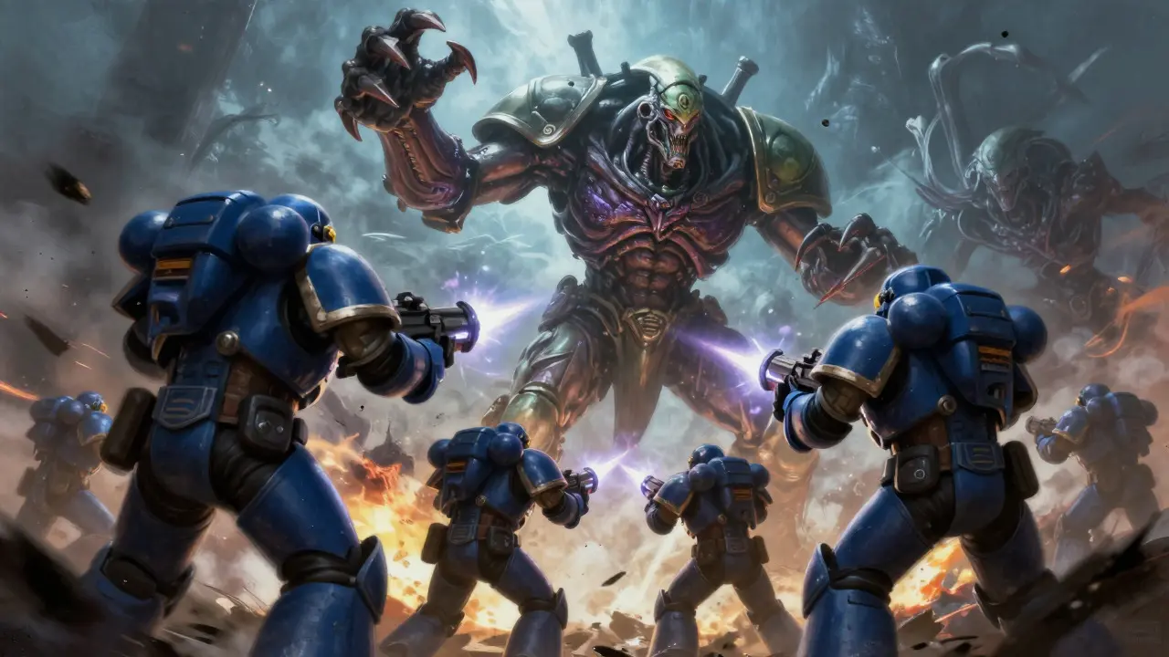 A large Tyranid monster engaging Space Marines in intense close combat