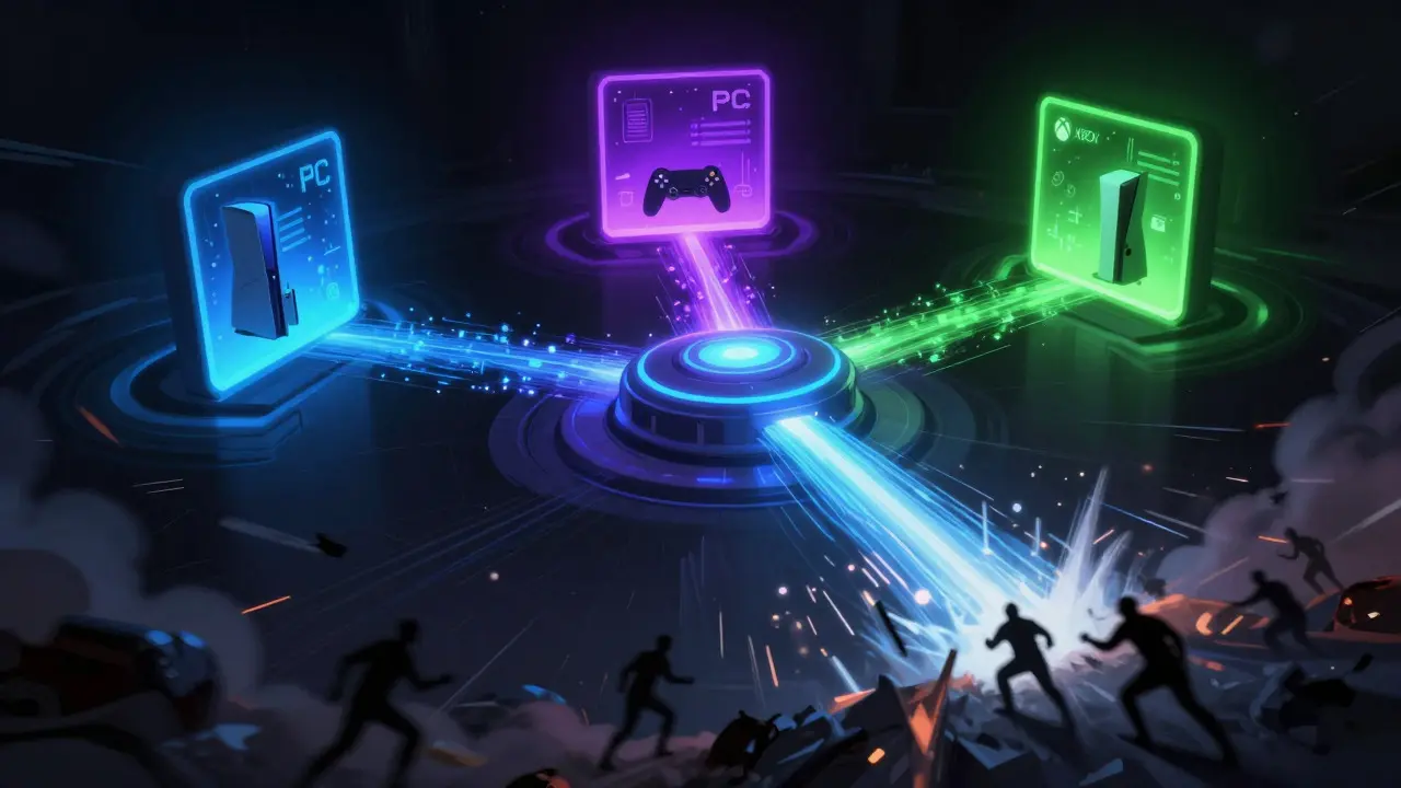 Абстрактная визуализация соединения игровых платформ через центральный хаб