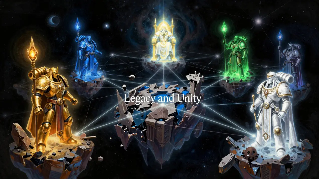 Абстрактное изображение галактики, где светящиеся нити от фигур примархов удерживают вместе распадающуюся империю