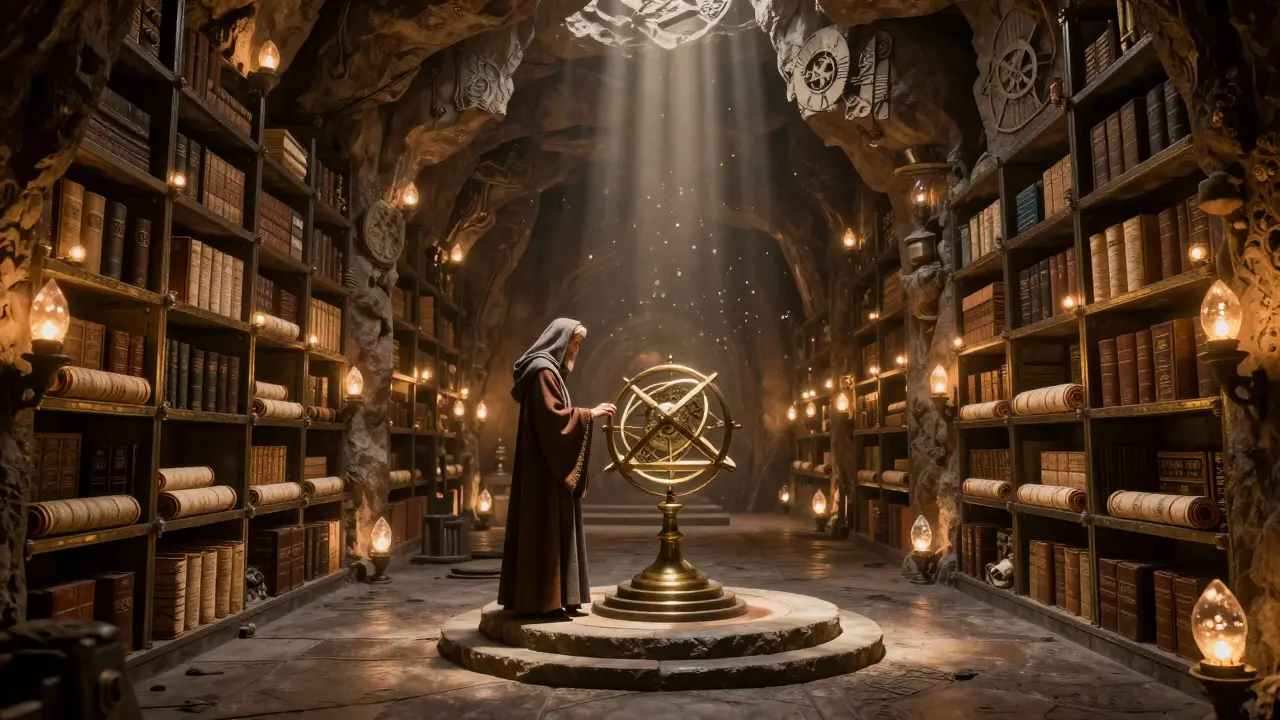 Ancient underground archive hall filled with glowing crystals and historical scrolls