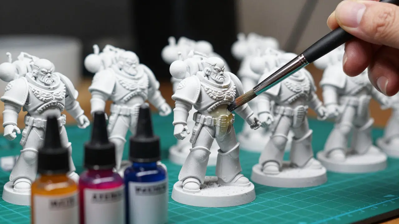 Applying clear varnish to a Warhammer 40K miniature with a fine brush on a green mat
