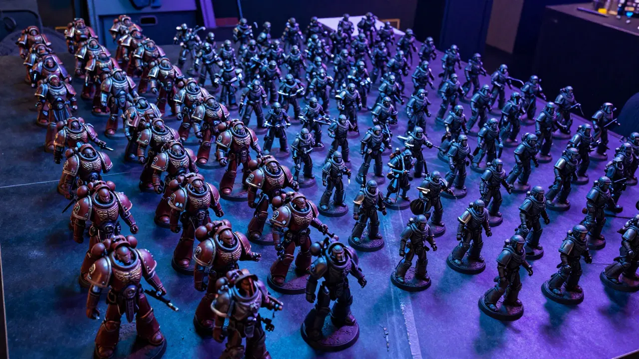 Армии Space Marines и Imperial Guard на игровом столе в драматическом свете