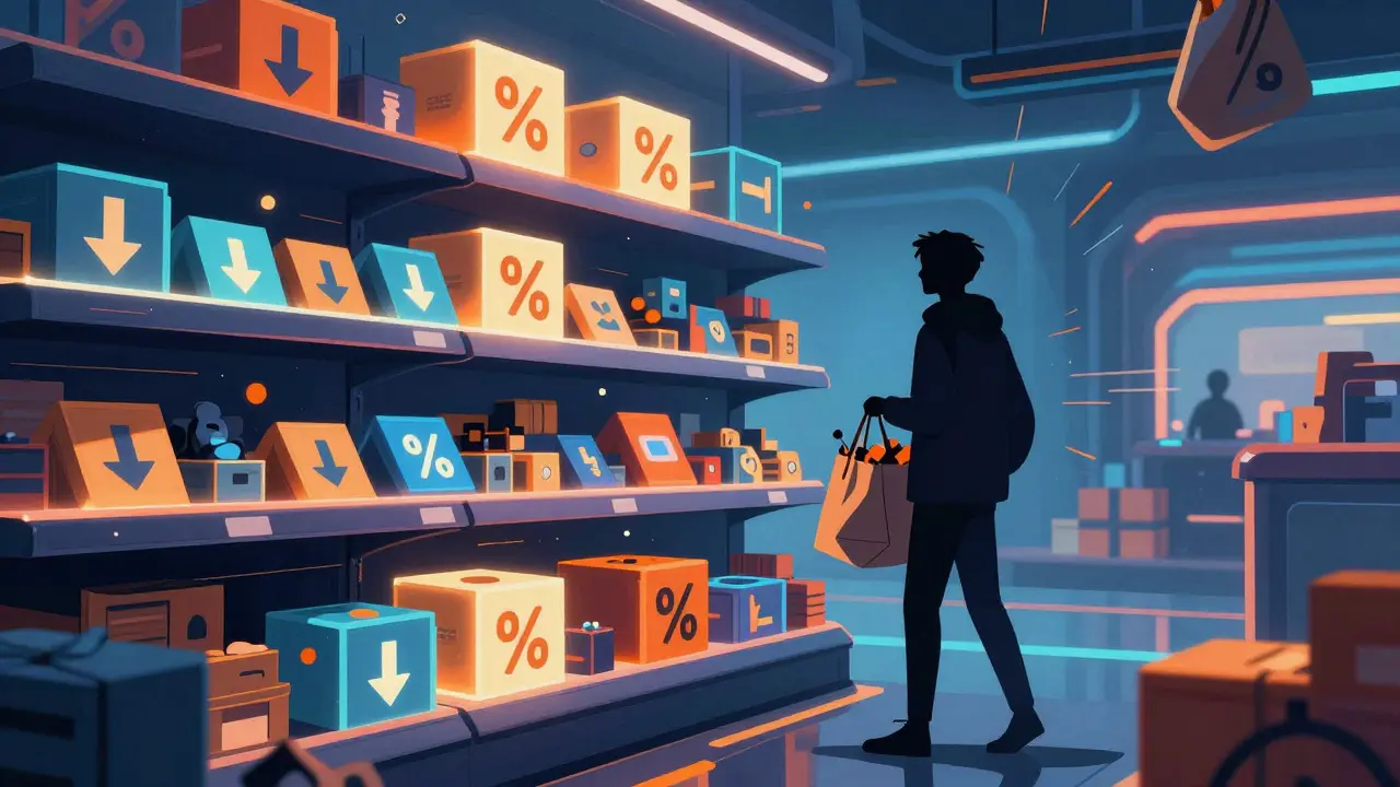 Artistic view of discounted miniature store shelves