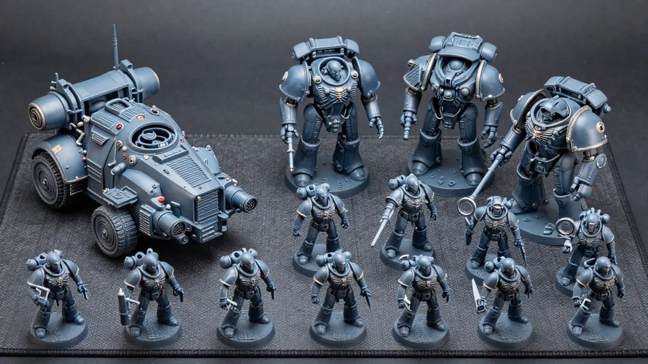 Assault Interceptor and Dreadnought models on a gaming mat