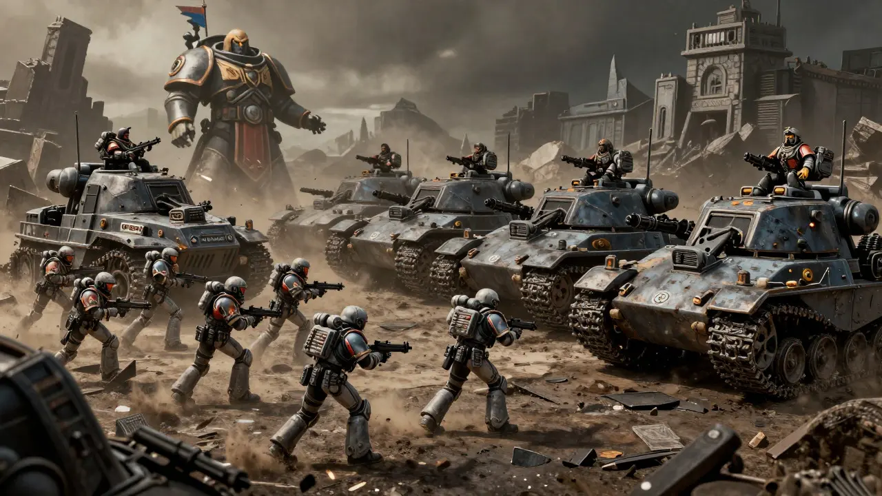 Атака пехоты на танковую линию в битве Warhammer 40K с эффектом движения