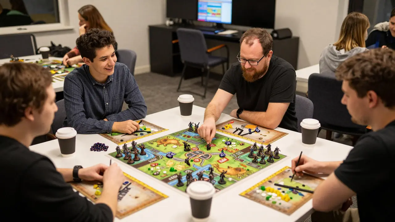 Beginner playing Warhammer 40K with friends at a local gaming club