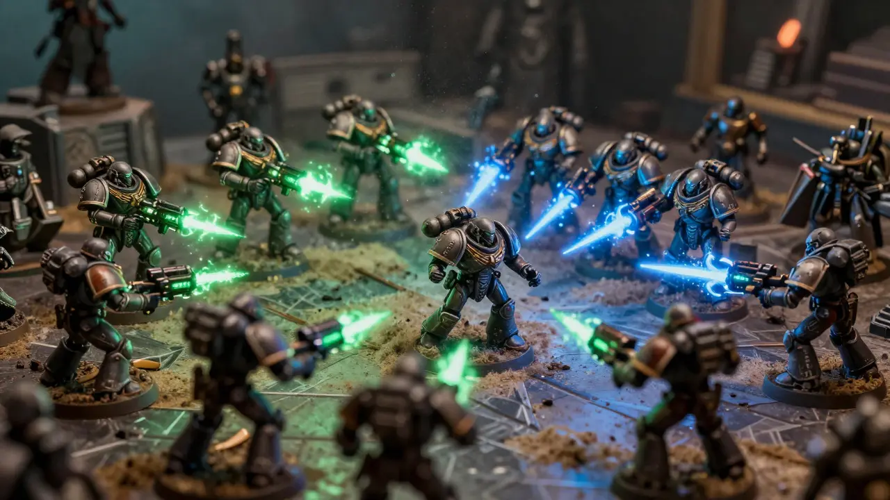 Битва миниатюр Space Marines и Necrons на настольной игре