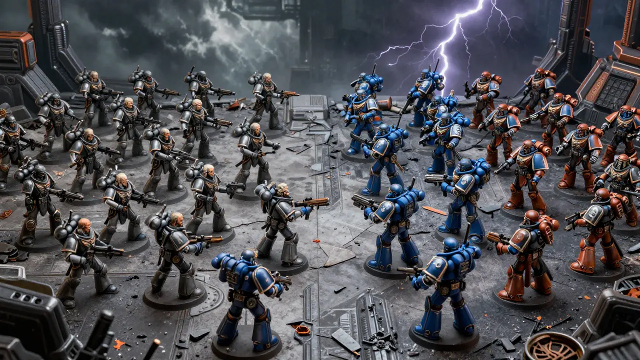 Битва миниатюр Warhammer 40K с контрастом старых и новых моделей