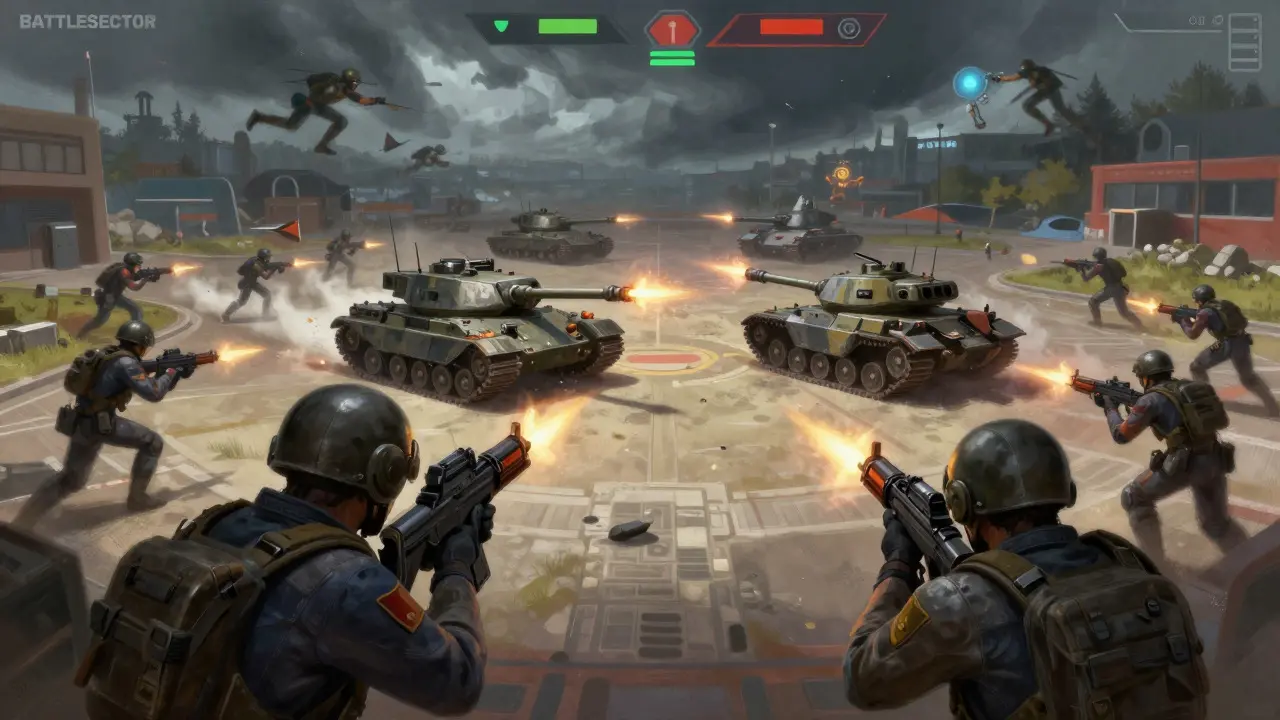 Chaotic real-time battle scene with tanks and infantry in a futuristic plaza