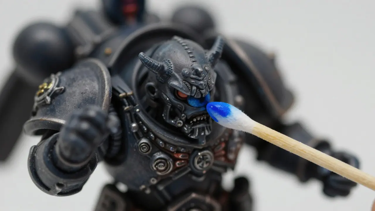 Close-up of a cotton swab applying paint to a miniature's eye