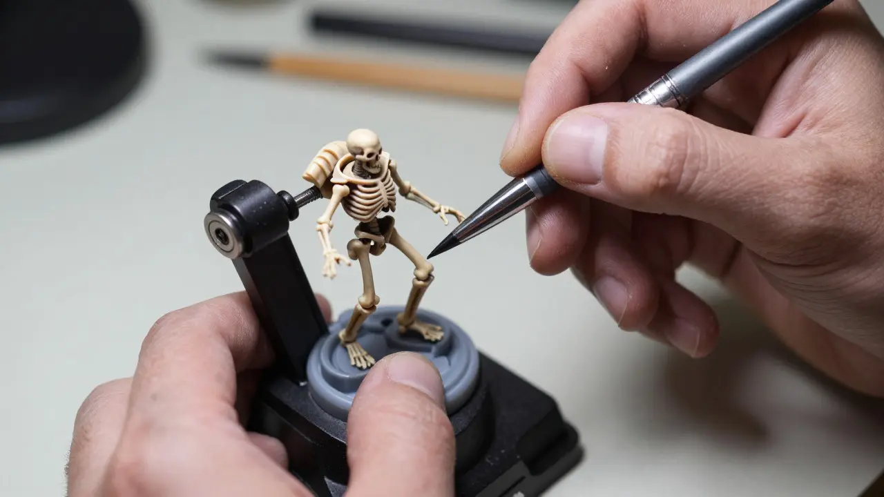 Close-up of hands painting a small miniature held by a protective padded fixture