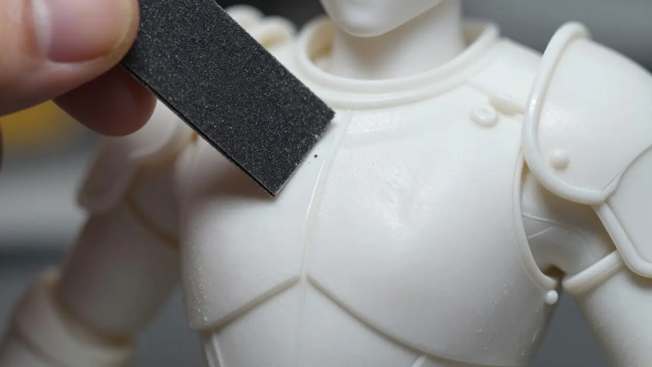 Close-up of sandpaper smoothing a seam on a plastic miniature armor piece