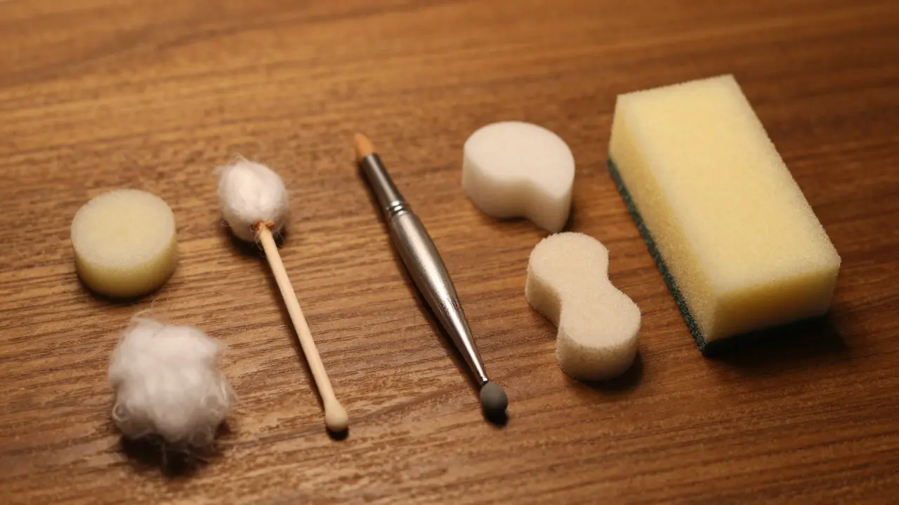 Collection of sponges, tampons, and applicators on a wooden table