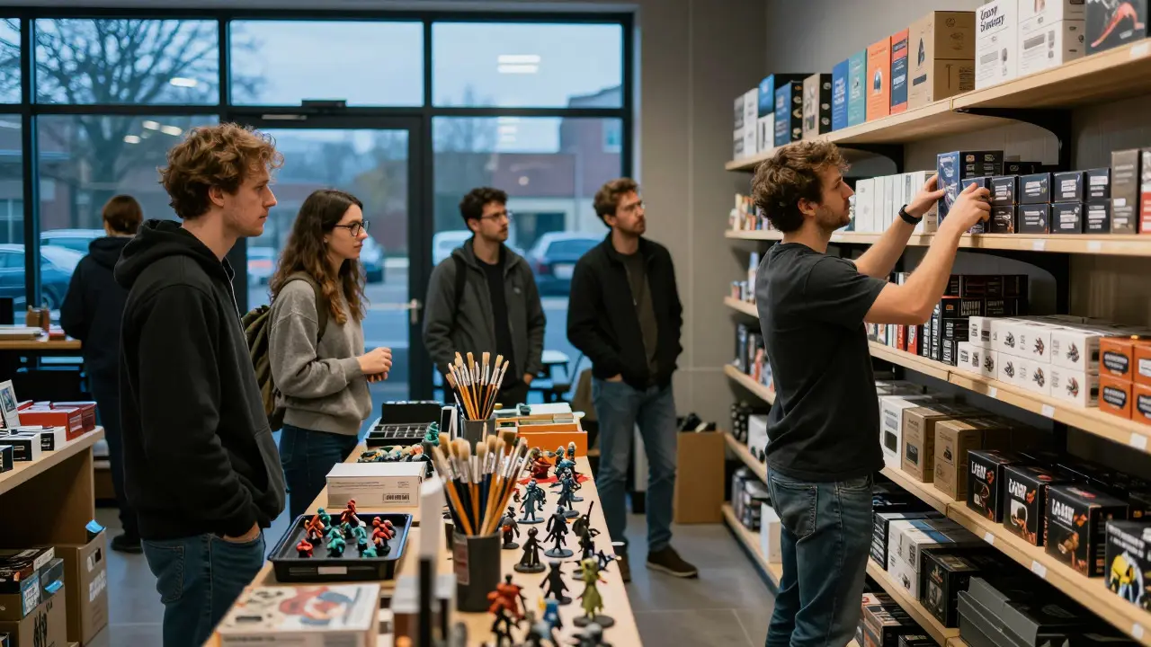 Collectors waiting in a hobby shop at dawn for new miniature releases to hit the shelves