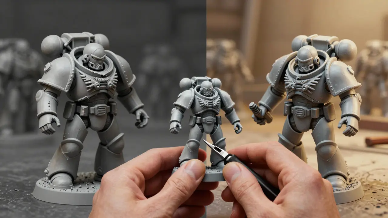 Comparison of rough and cleaned miniatures illustrating the importance of sprue removal