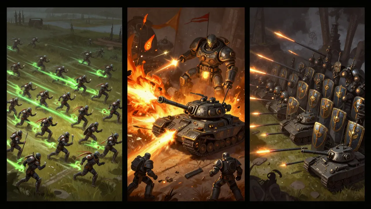 Conceptual art showing three tactical roles: infantry control, heavy destruction, and tank defense