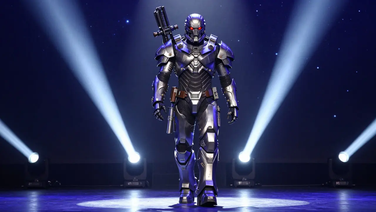 Cosplayer in detailed Terminator armor walking on a stage under dramatic blue and white spotlights