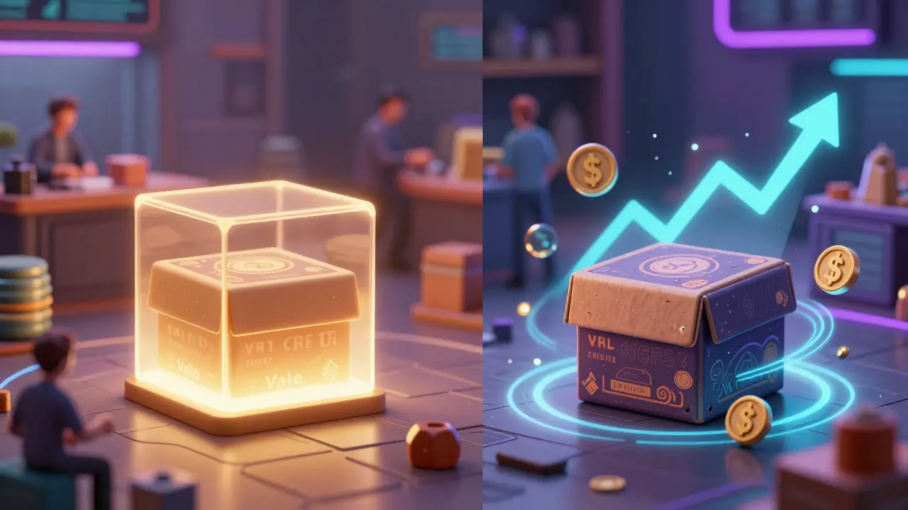 Digital art showing the price appreciation of a collectible miniature box in the secondary market