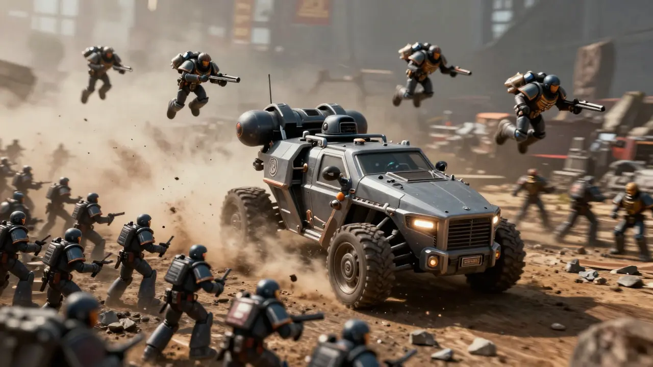 Динамичный поворот бронетранспортера и летящие солдаты в бою Warhammer 40K