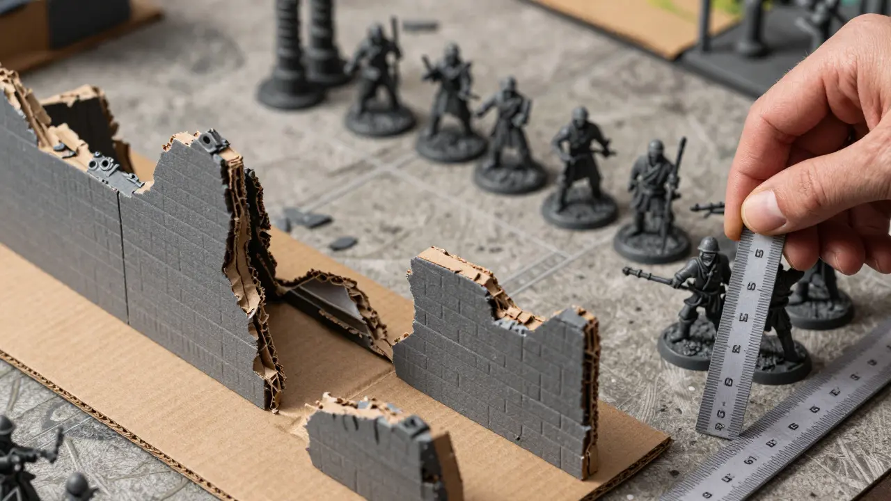 DIY cardboard and plastic wargaming terrain pieces arranged on a game mat with a measuring ruler