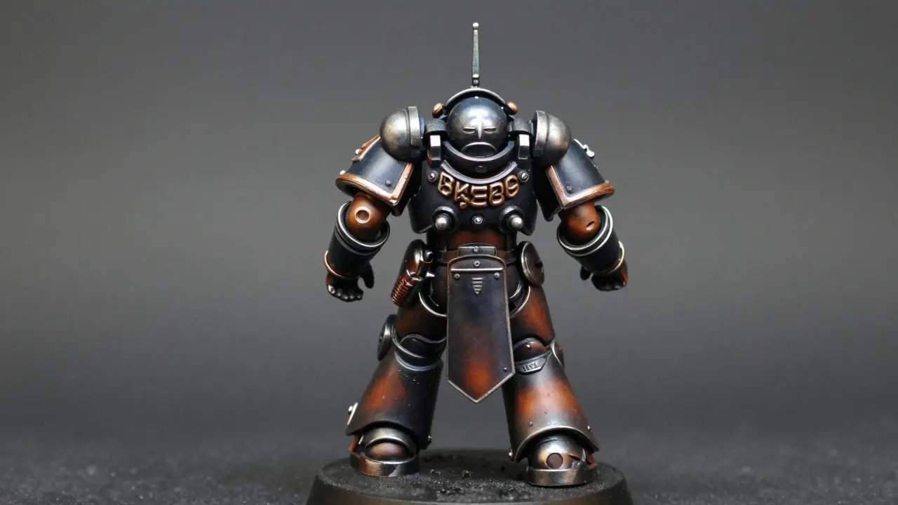 Finished Warhammer 40K miniature displaying detailed pre-shaded armor and highlights